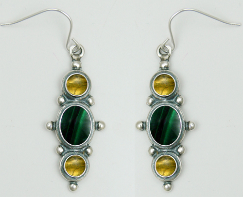 Sterling Silver Drop Dangle Earrings With Malachite And Citrine